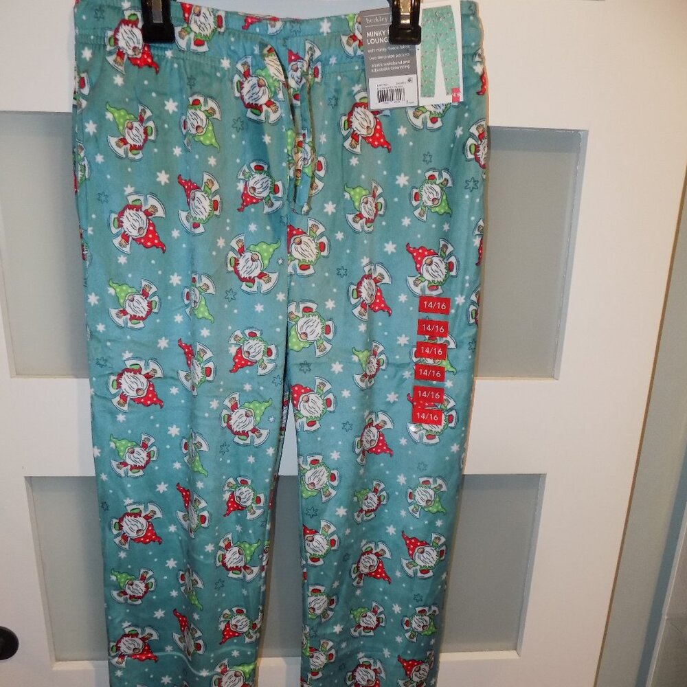 Berkley Jensen Teal W/Snow Angel Gnomes Minky Fleece Lounge Pants Size 14/16 NEW